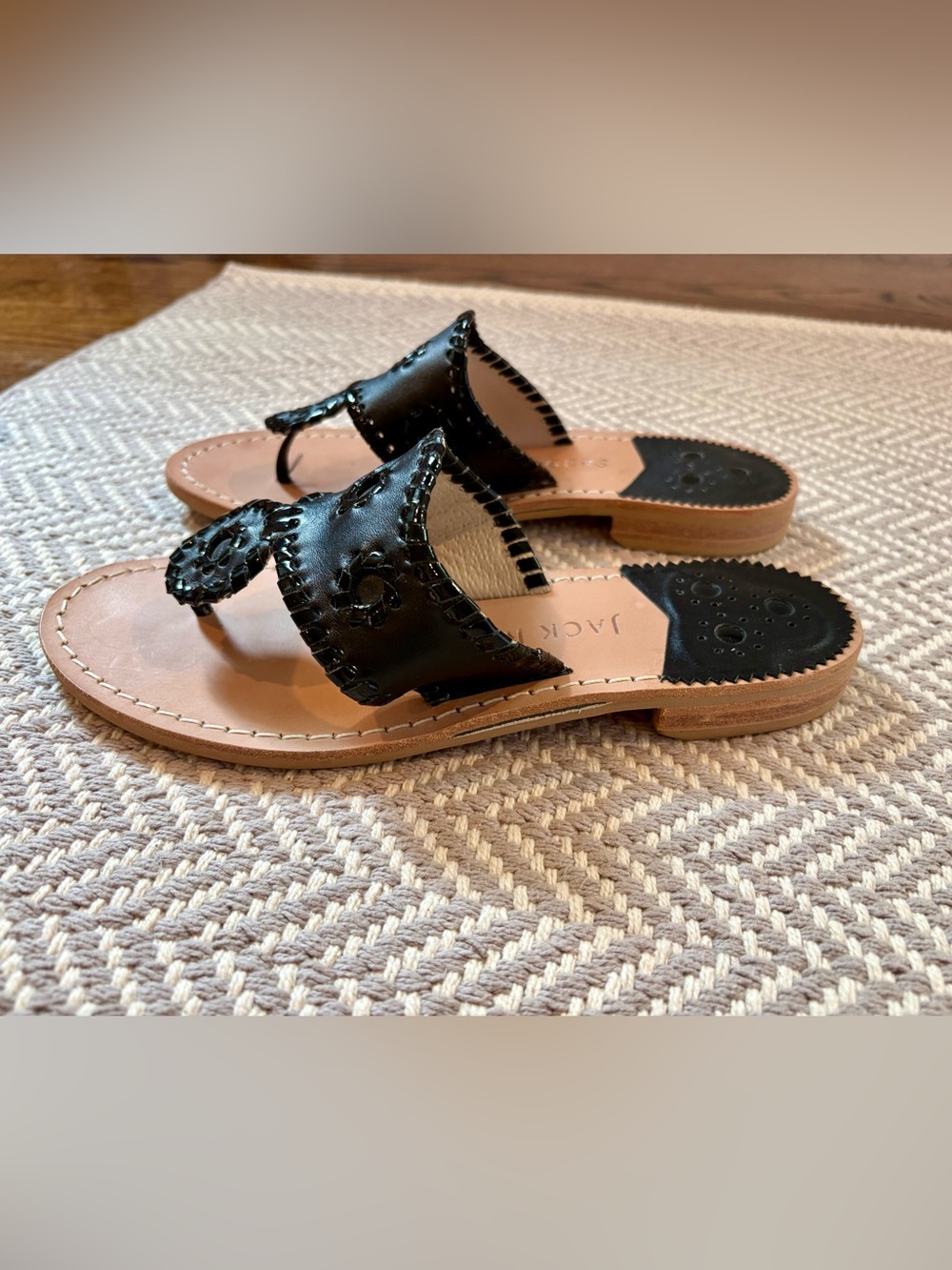 Jack Rogers Black Leather Thong Sandal with Floral Medallion - Picture 2 of 4
